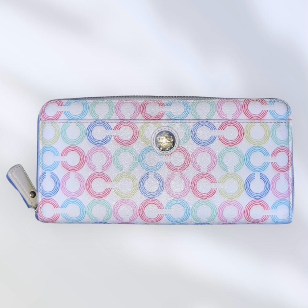 EUC Coach Signature Op Art White Rainbow Continental Long Leather Zip Wallet